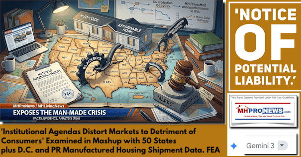 NoticeOfPotentialLiabilityInstitutionalAgendasDistortMarketsToDetrimentpf ConsumersExaminedInMashupWith50StatesPlusD.CandPRManufacturedHousingShipmentData.FEA-MHProNews