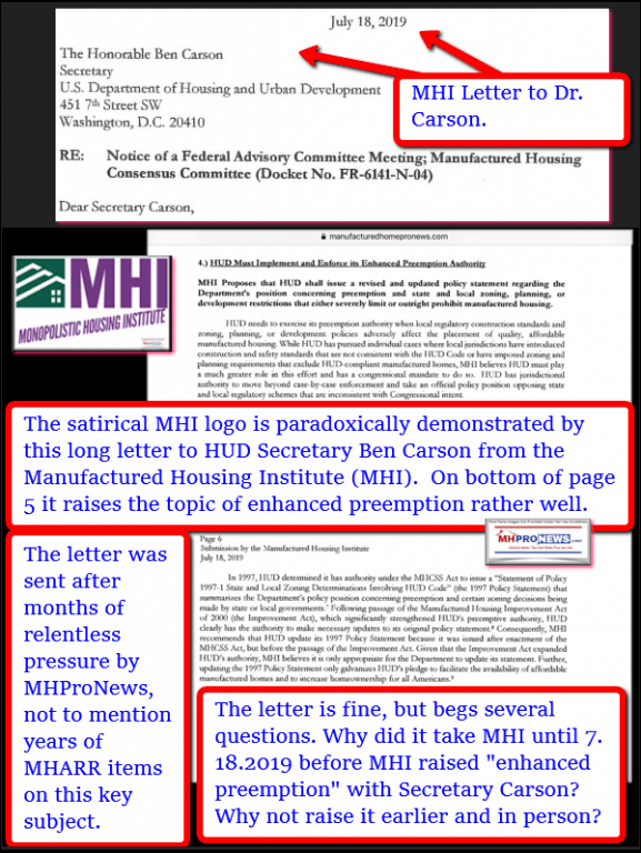 MonopolisticHousingInstituteMHIletterHUDSecretaryBenCarsonEnhancedPreemptionManufacturedHousingInstituteManufacturedHomeLivingNews