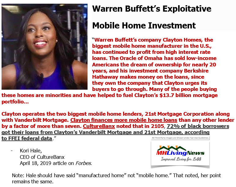 KoriHalequoteWarrenBuffettClaytonHomesmobilehomeloansSICmanufacturedhomelendingForbesManufacturedHomeLivingNews