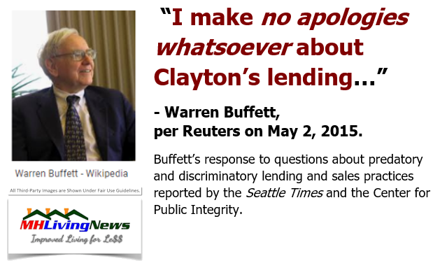 WarrenBuffettPhotoQuoteIMakeNoApologiesWhatsoeverAboutClaytonsLendingPerReutersManufacturedHomeLivingNews