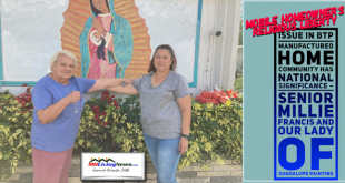 MobileHomeownerReligiousLibertyBrandentonTropicalPalmsCoopROCManufacturedHomeCommunityNationalSeniorMillieFrancisPhotoOurLadyGuadalupePaintingPhotoMHLivingNewsLogo