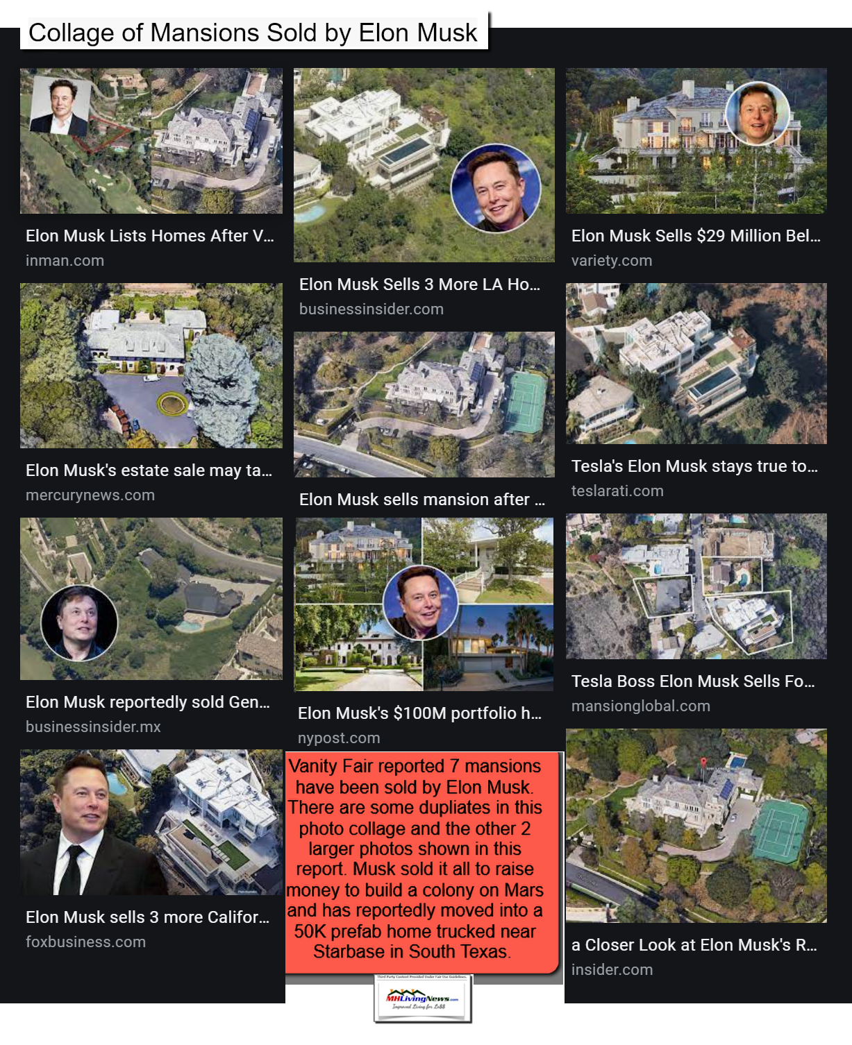 CollageOfMansionsSoldByElonMuskSpaceXTeslaBoringCompanyDogecoinSoldForBoxableCasitaPrefabRaiseMoneyMarsColonyManufacturedHomeLivingNews