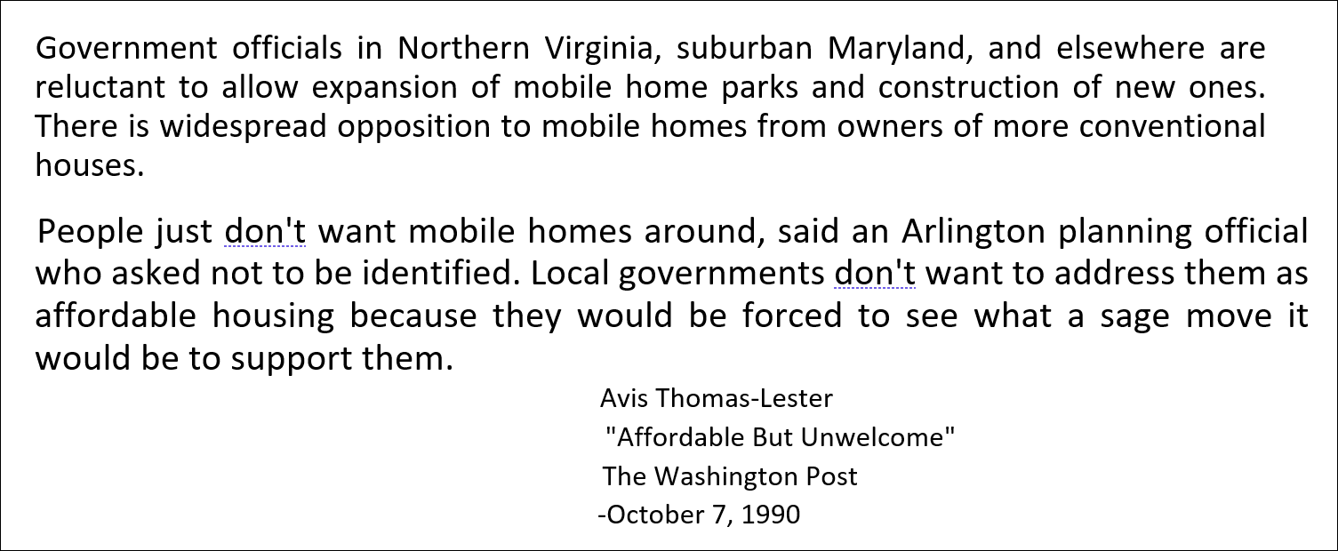 GovernmentOfficialsNVirginaMarylandReluctantMobileHomeParksManufacturedHomeCommunitiesAvisThomasLesterAffordableButUnwelcomeWashingtonPostOct7.1990