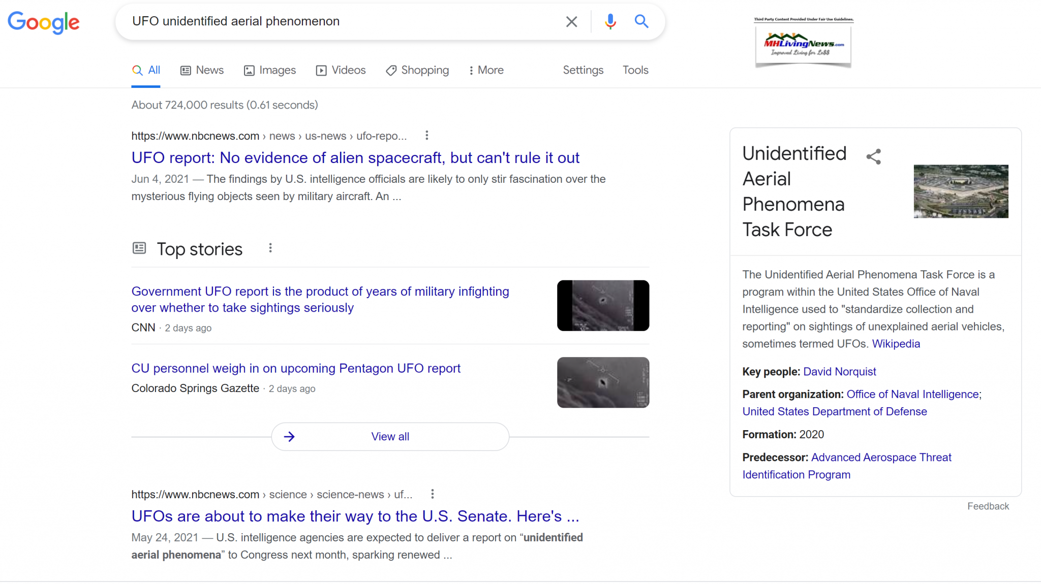 UFOUnidentifedFlyingObjectsUnidentifiedAerialPheonomonaTaskForceNewsReportGoogleScreenCaptureMHLivingNEws