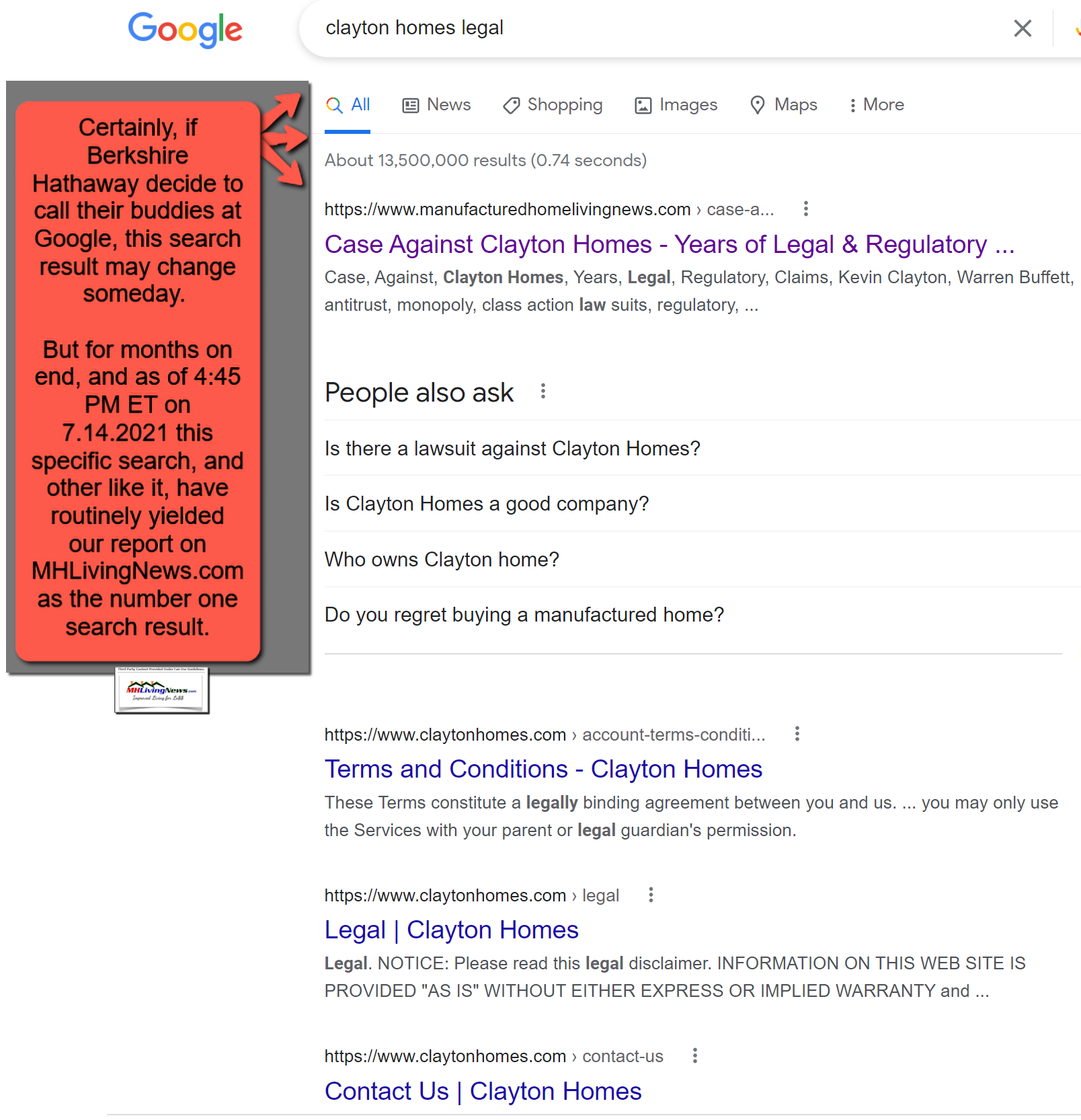 ClaytonHomesLegalLawSuitClassActionGoogleSearchResult7.14.2021ManufacturedHomeLivingNews