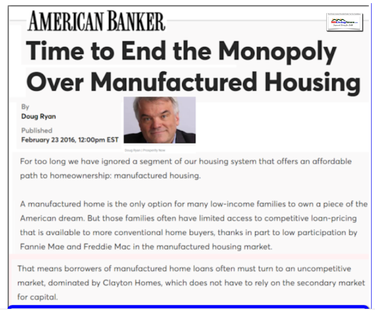 DougRyanphotoCFED-ProsperityNow-AmericanBankerEndTheMonopolyOverManufacturedHousingClaytonHomesAffordableHousingManufacturedHomes