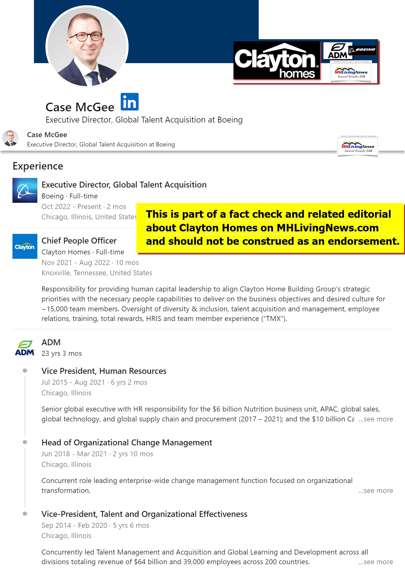 CaseMcGreeClaytonHomesChiefPeopleOfficerCPOphotoPIC-ADM-BoeingClaytonHomesLOGOsLinkedInProfileCollageMHLivingNewsFactCheckAnalysisEditorial