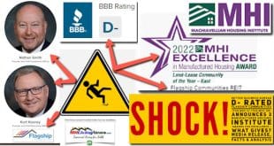 Shock!BBB-BureauD-RatedFlagshipCommunitiesTsxMHC.U-TsxMHC.UN-NathanSmithKurtKeeney3ManufacturedHousingInstituteAwardsExcellenceWhatGivesLogosPicsVideosFactsAnalysisMHLivingNews