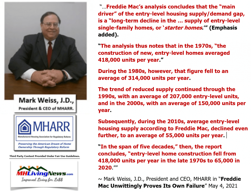 MarkWeissFreddieMacAnalysisManufacturedHousingAssociationForRegulatoryReformQuoteMHLivingNews