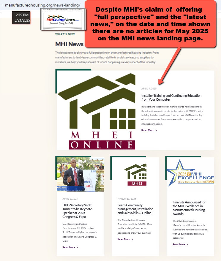 ManufacturedHousingInstituteNoNewsInMay2025AsOfMay21AtAbout2.20PMet-MHProNewsFactCheckMHLivingNews